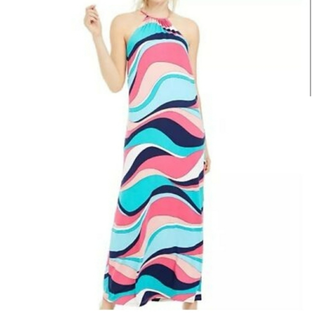 Trina Turk Milian Wave Print Maxi Dress Large Multicolor Halter Resortwear Beach